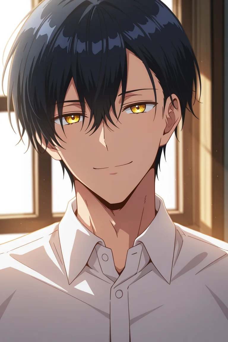 masterpiece, best quality, amazing quality, very aesthetic, high resolution, ultra-detailed, absurdres, newest, scenery, volumetric lighting, depth of field, 1boy, solo, male focus, <lora:noah:0.93>,noah wynknight,black hair,golden eyes,short hair,bangs,looking at viewer, smile, shirt, hair between eyes, closed mouth, white shirt, upper body, collared shirt, indoors, window, portrait, backlighting,closed face