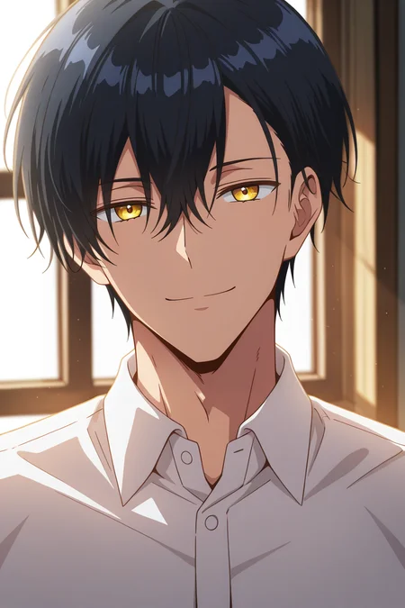 masterpiece, best quality, amazing quality, very aesthetic, high resolution, ultra-detailed, absurdres, newest, scenery, volumetric lighting, depth of field, 1boy, solo, male focus, <lora:noah:0.93>,noah wynknight,black hair,golden eyes,short hair,bangs,looking at viewer, smile, shirt, hair between eyes, closed mouth, white shirt, upper body, collared shirt, indoors, window, portrait, backlighting,closed face
