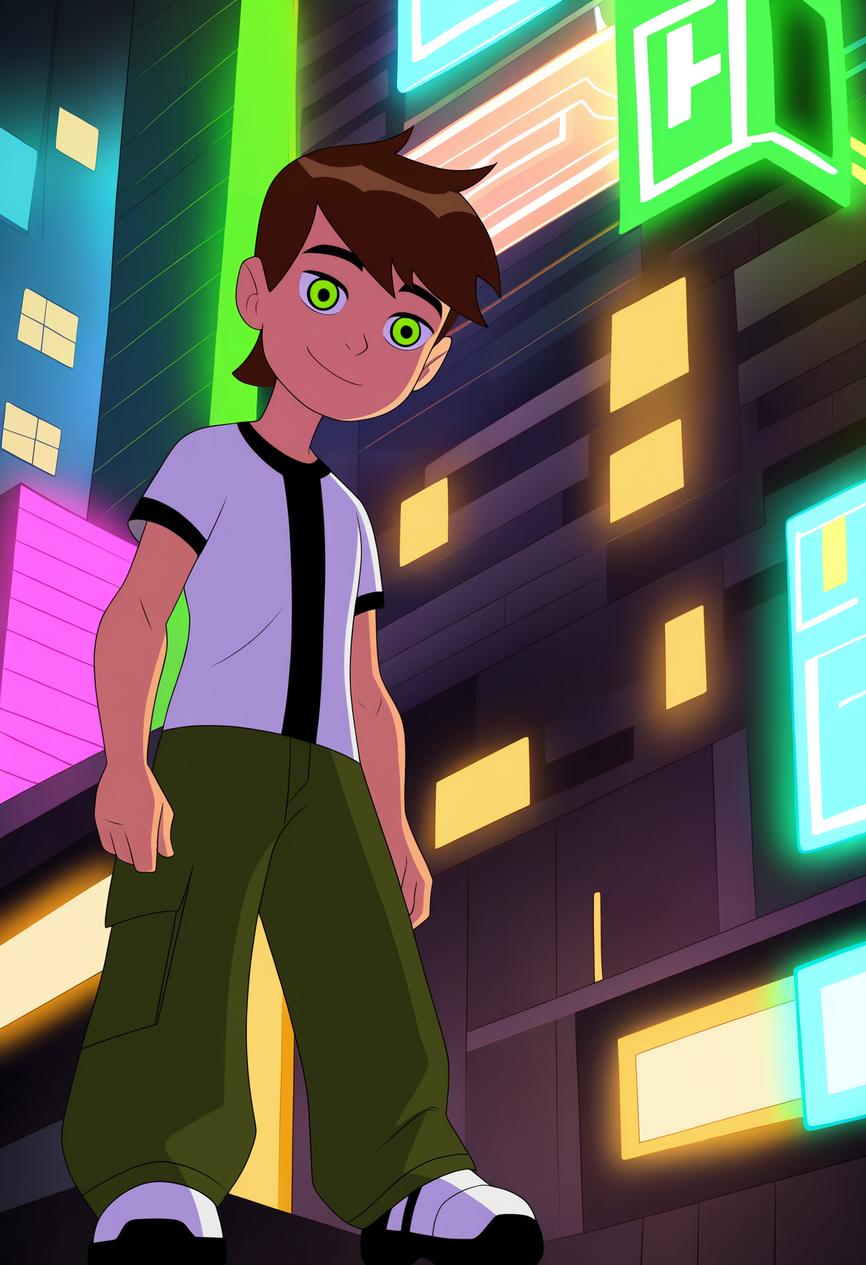 best quality, amazing quality, very aesthetic, absurdres,
1boy, bentennyson, brown hair, green eyes, green pants, shirt, 
smile, full body, standing, 
solo, looking at viewer, futuristic city, neon light, futuristic city background,     <lora:Ben10NoobXL_byKonan:1>