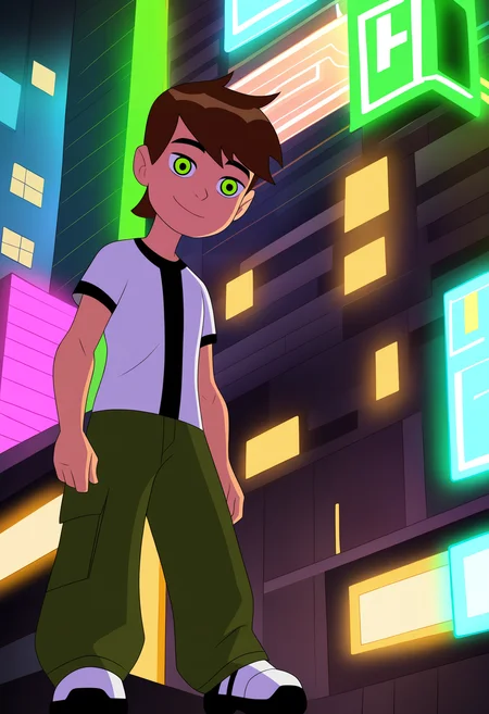 best quality, amazing quality, very aesthetic, absurdres,
1boy, bentennyson, brown hair, green eyes, green pants, shirt,
smile, full body, standing,
solo, looking at viewer, futuristic city, neon light, futuristic city background, <lora:Ben10NoobXL_byKonan:1>