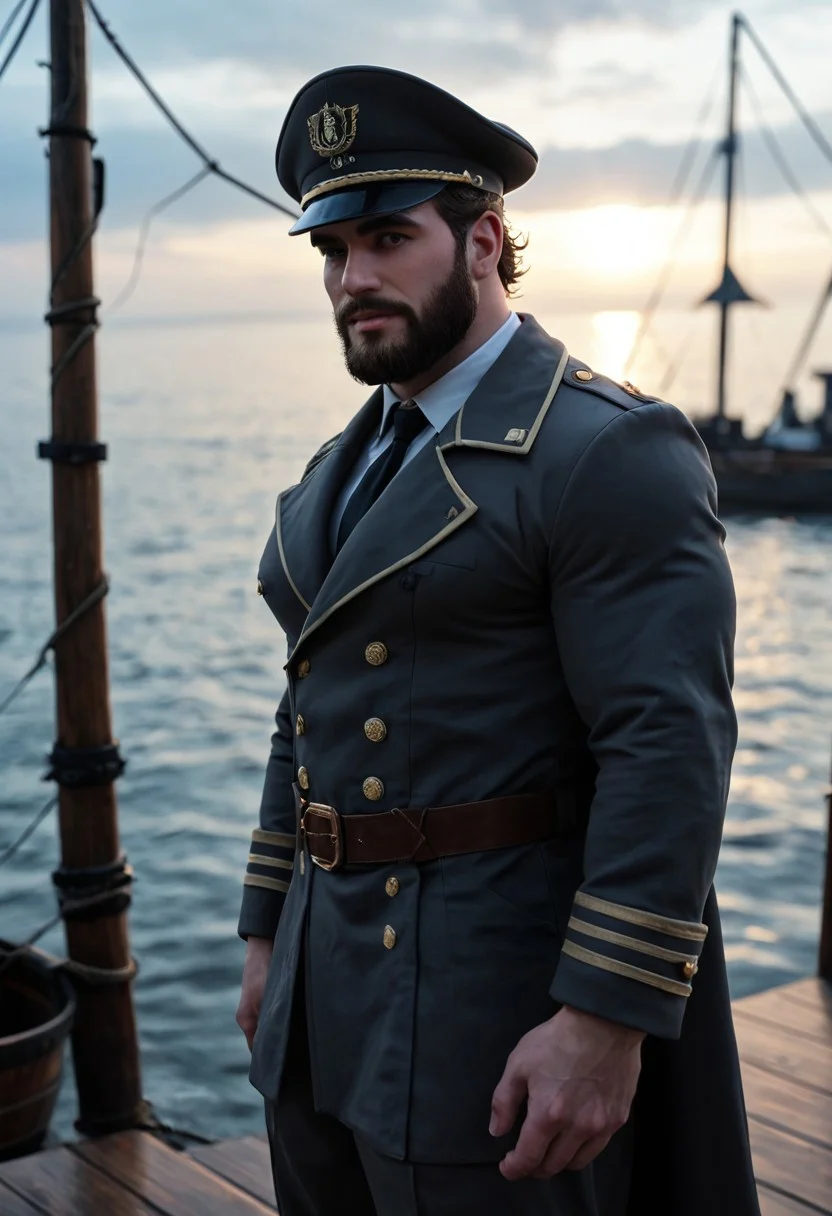 a muscular male sailor, 50yo, salt-and- pepper brown hair, short hair, undercut, beard, blue eyes, large pectorals, huge pecs, puffy nipples, large areolae, long captain coat, open coat, pants, captain hat, old rickety timber sailing ship, stormy sky, daytime, soaking wet, ethereal glow in the distance, thoughtful expression, looking away, candid pose, (dark atmosphere), (cinematic film still, filmic, chiaroscuro, desaturated, volumetric lighting, low contrast, hard shadows, film grain, shallow depth of field, Fujifilm Velvia 50, Hasselblad 907X with Hasselblad XCD 30mm f-3.5:1.2)