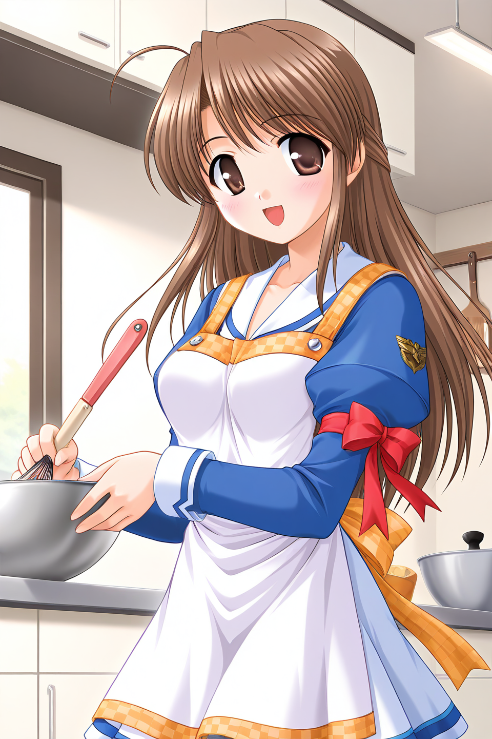 masterpiece, best quality, absurdres, official art, official style, rating general BREAK <lora:fujiedahonami_IL_v1-5:0.7>, fujieda honami, 1girl, solo, brown eyes, yellow eyes, brown hair, grey hair, ahoge, bangs, very long hair, half updo, medium breasts BREAK school uniform, white sailor collar, blue jacket, crop top jacket, juliet sleeves, emblem, red ribbon, arm ribbon, white shirt, purple vest, waist ribbon, miniskirt, blue line skirt, cooking, white apron, yellow strap, checker pattern, yellow bow, back bow, blush, smile, open mouth, looking at viewer, floating hair, holding bowl, holding spatula, whisk, indoors, kitchen, bowl, food