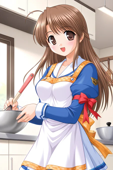 masterpiece, best quality, absurdres, official art, official style, rating general BREAK <lora:fujiedahonami_IL_v1-5:0.7>, fujieda honami, 1girl, solo, brown eyes, yellow eyes, brown hair, grey hair, ahoge, bangs, very long hair, half updo, medium breasts BREAK school uniform, white sailor collar, blue jacket, crop top jacket, juliet sleeves, emblem, red ribbon, arm ribbon, white shirt, purple vest, waist ribbon, miniskirt, blue line skirt, cooking, white apron, yellow strap, checker pattern, yellow bow, back bow, blush, smile, open mouth, looking at viewer, floating hair, holding bowl, holding spatula, whisk, indoors, kitchen, bowl, food