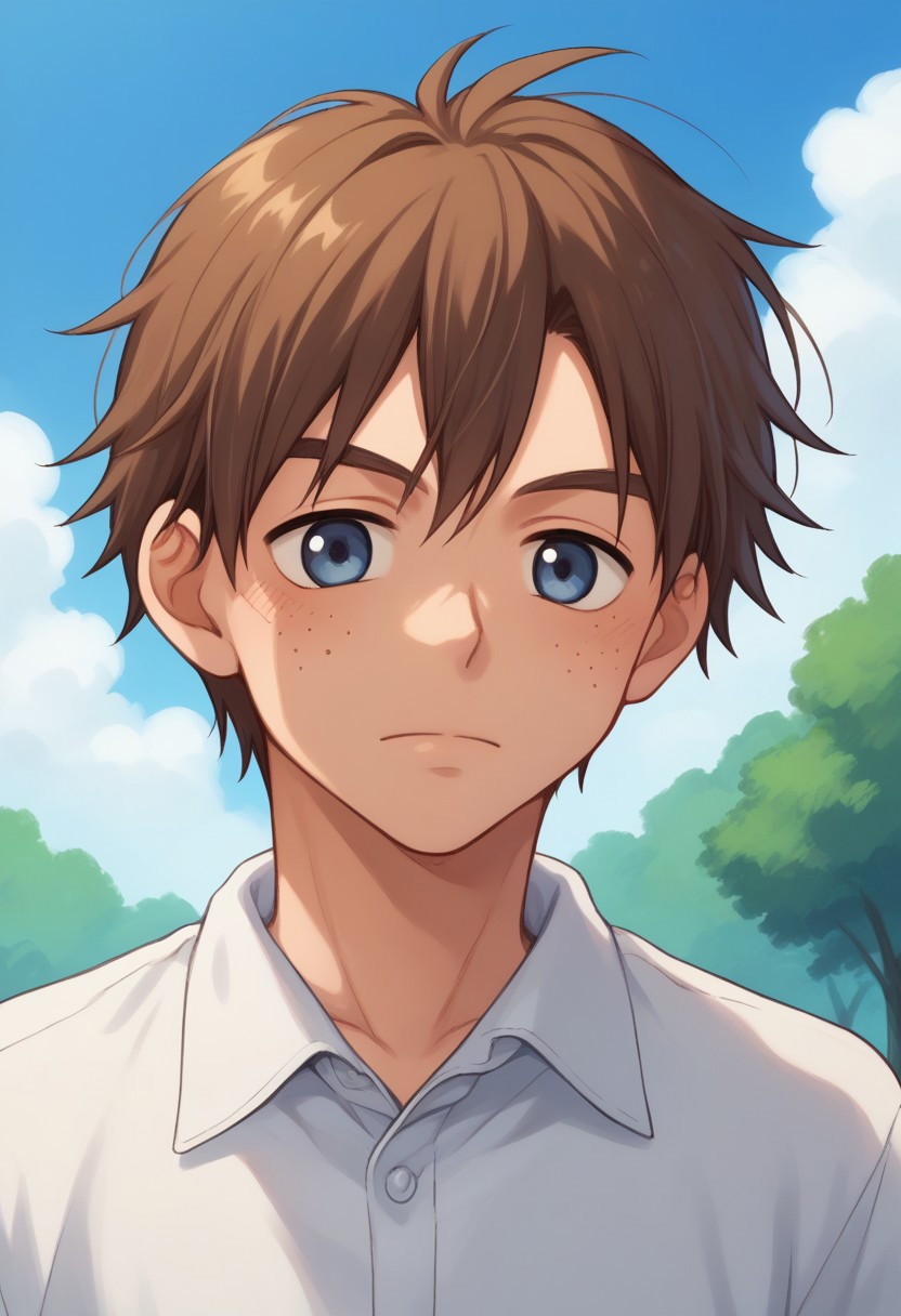 score_9, score_8_up, score_7_up, source_anime, highly detailed, 
kosuke, 1boy, male focus, solo, brown hair, sky, freckles, outdoors, day, cloud, blue eyes, tree, shirt,
closed mouth, blue sky, collared shirt, upper body,