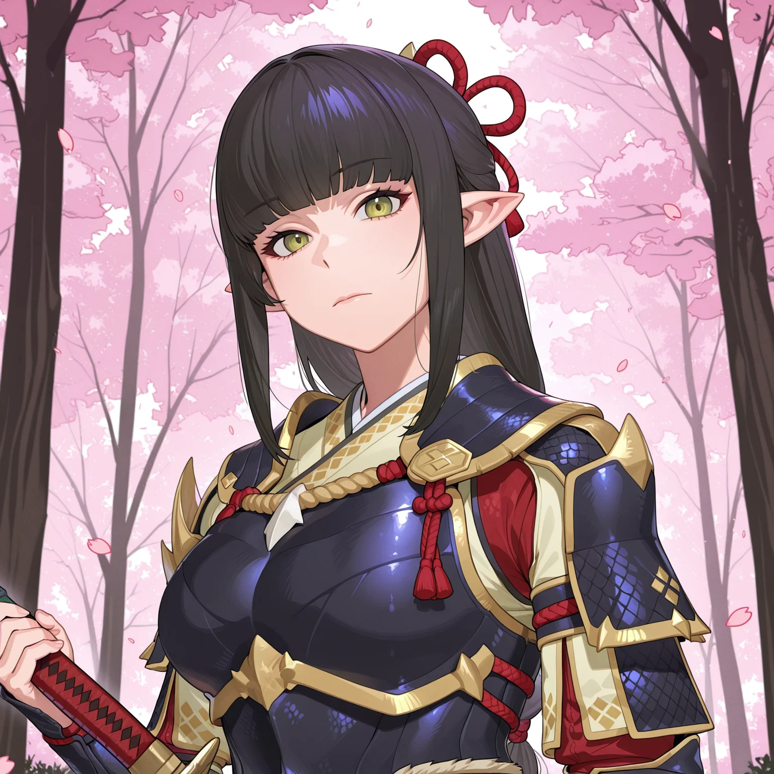 masterpiece, best quality, t4bbt0, 1girl, monster hunter rise, armored dress, looking at viewer, cherry blossoms, holding weapon, holding sword, upper body, closed mouth, forest, pointy ears