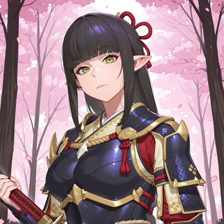 masterpiece, best quality, t4bbt0, 1girl, monster hunter rise, armored dress, looking at viewer, cherry blossoms, holding weapon, holding sword, upper body, closed mouth, forest, pointy ears