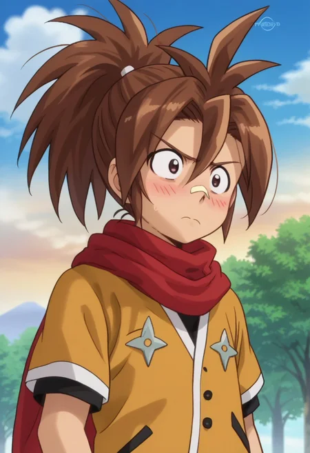 score_9, score_7_up, source_anime,
sasuke, 1boy, male focus, solo, brown eyes, brown hair, ponytail, bandaid, bandaid on nose, shirt, orange shirt, short sleeves, scarf, red scarf, frown, blush,
outdoor, sky, tree, cloud, upper body,