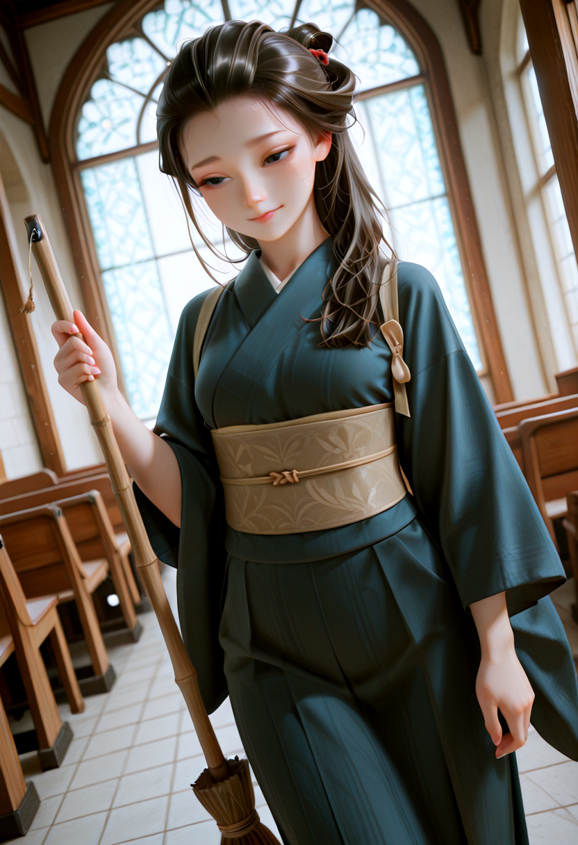 IllusP0s, masterpiece, best quality, amazing quality, very aesthetic, absurdres, newest, ((dynamic angle:1.4)), (detailed eyes),((ultra detailed hair:1.4)),eye focus
BREAK
1girl,solo, k1ku_pr, black eyes, K_kimono,k_obi,k_hadaj,k_nihongami, tasuki
BREAK
Christian church, Western-style architecture, large and spacious church, seats for the faithful, a large statue of Mary in the temple, cleaning, cheerful, cleaning with a broom
 <lora:Kiku_-_Kikus_Prayer_-_AI_Challenge:0.8>
