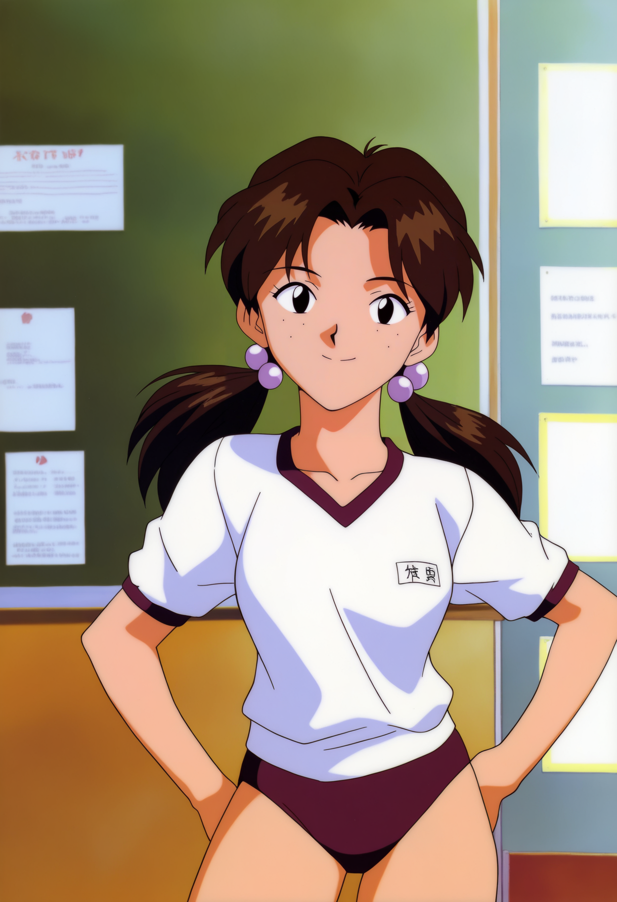 masterpiece, best quality, very aesthetic, absurdres,
1990s \(style\), retro artstyle,
1girl, hikarihoraki, brown hair, twintails, freckles, hair bobbles, long hair, black eyes,
gym uniform, white shirt, buruma, smile,
hands on hips, standing, solo, looking at viewer, indoors, classroom background  <lora:HikariHorakiNoobXL_byKonan:1>