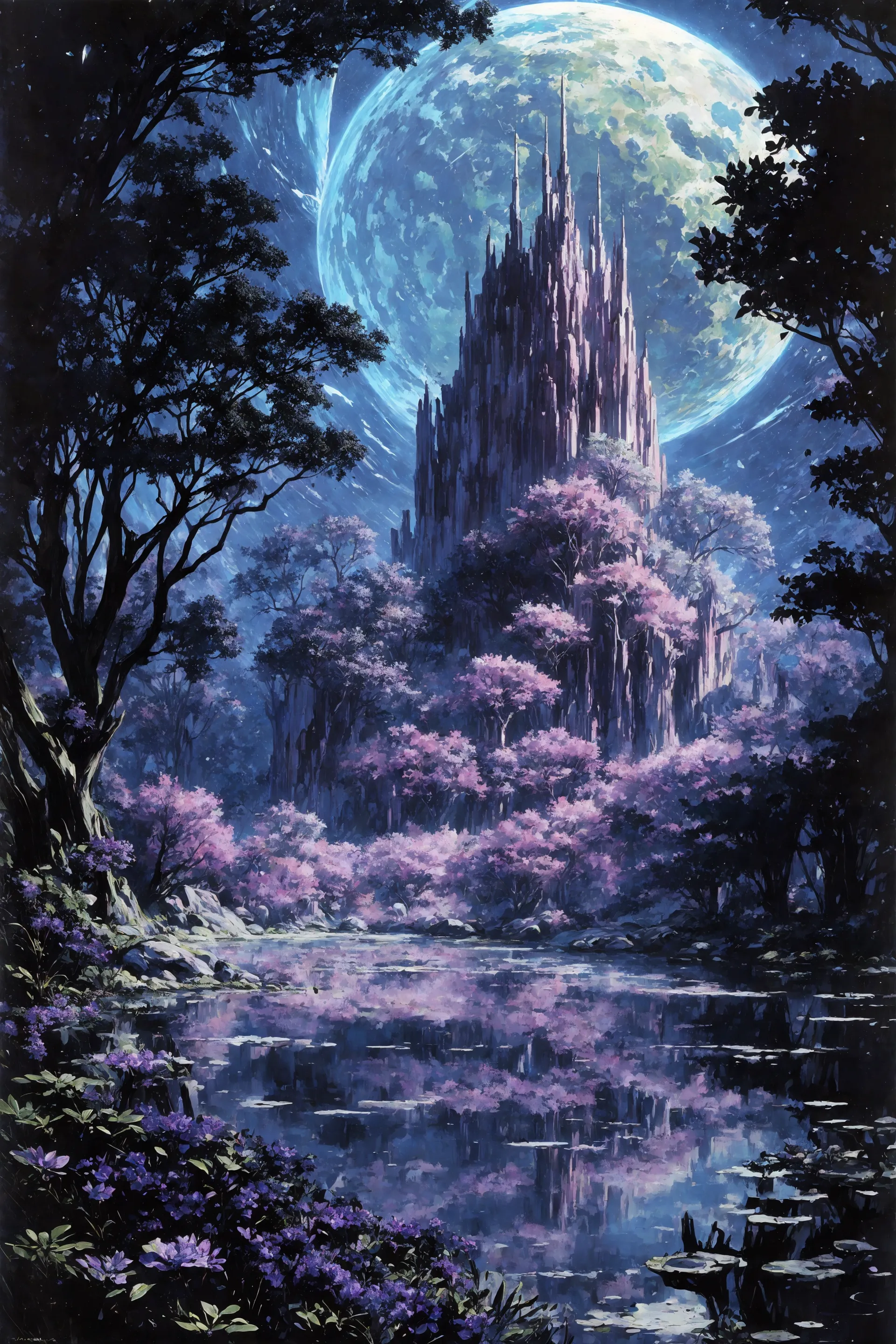 space planet, evening, stars, (big rocks:0.9), (ripples, reflections:0.9), spatial futuristic castle, (small river pond:0.8), space forest, (space village:1.2), (stunning nature aquatic environment:0.8), spaceship, (unknown exotic land:0.9),) (nice alien civilization),  (beautiful space fantasy scifi futuristic landscape:0.9, (very detailed:1.2), (best quality:1.2), sharp focus, high contrast, cinematic lights, backlight, shadows, (lens flare:0.4), (vibrant colors, colorful):0.7, (Dark Purple flowers:0.9) and leaves, <lora:Detail Tweaker LoRA add_detail:0.8><lora:depth_of_field_slider_v1:5>  <lora:SDXLrender_v2.0:0.9> <lora:1970RetroFuturism:0.3> 1970retrofuturism