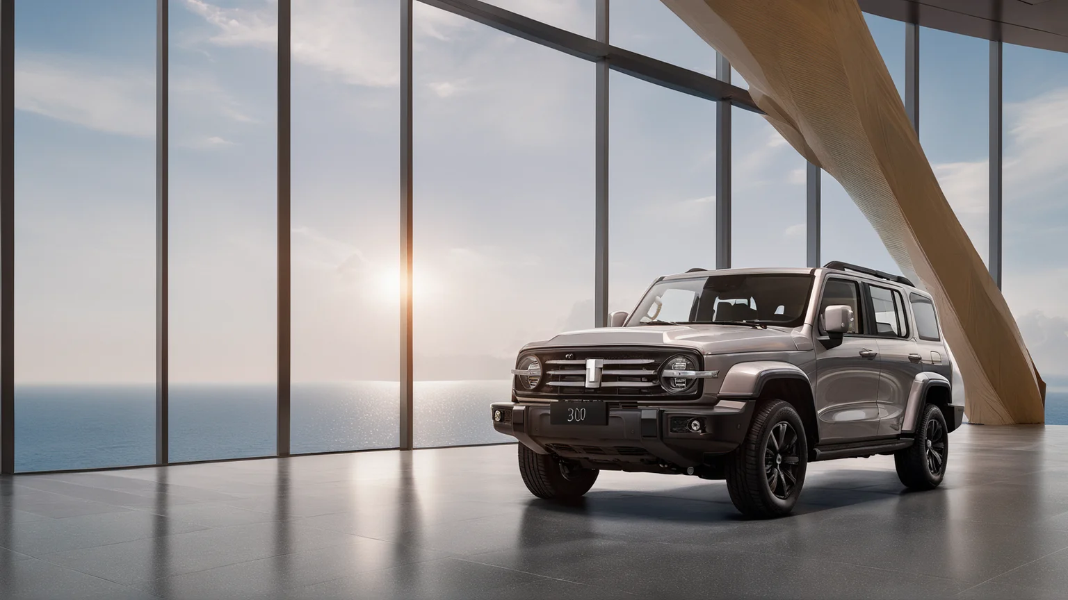 a gwm txxx parked in front of a large glass window, with a view of the ocean in the background. ultra detail, hd, 8k, (photographic:1.5), magnificent, grandiose, mac os wallpaper <lora:GWMTank300_V2.0:1>
