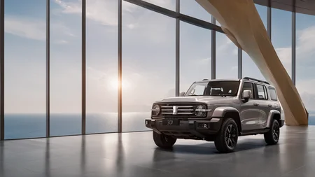 a gwm txxx parked in front of a large glass window, with a view of the ocean in the background. ultra detail, hd, 8k, (photographic:1.5), magnificent, grandiose, mac os wallpaper <lora:GWMTank300_V2.0:1>