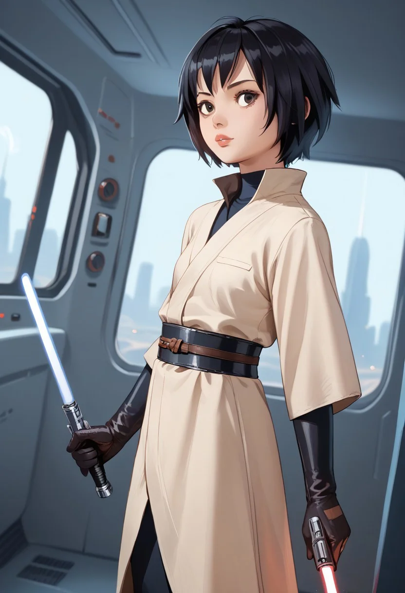 score_9, score_8_up, score_7_up, score_6_up, PeniParker, jedi clothes, 1girl, solo, asian, short hair, gloves, holding, black hair, weapon, belt, holding weapon, blurry, lips, gun, dutch angle, spacecraft interior, scifi, science fiction, star wars, lightsaber
