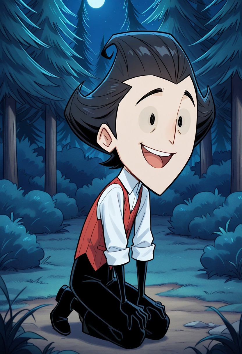 score_9, score_8_up, score_7_up, masterpiece, best quality, amazing quality, wilson higgsbury, 1boy, solo, black eyes, red sweater vest, white shirt, collared shirt, long black gloves, black pants, black shoes, black hair, tree, male focus, smile, forest, vest, open mouth, kneeling, red vest, nature, night, outdoors, shirt