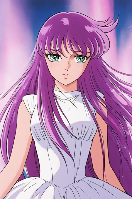 kido saori, purple hair, long hair, aqua eyes, bangs, sleeveless dress, white dress, 1girl, solo, alone, <lora:saint_seiya_style_illustriousXL:0.8>, saint_seiya_style, masterpiece, highres