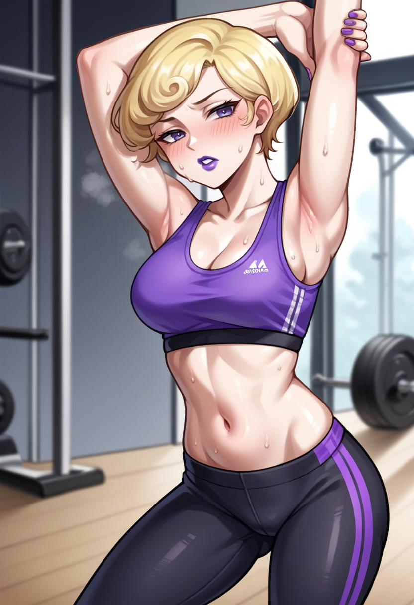 score_9, score_8_up, score_7_up, source_anime BREAK 1girl, solo,
 <lora:zs_MadamXL:1> madamsmtii, blonde hair, short hair, lipstick, purple sports bra, black yoga pants
gym, stretching, sweat, blush