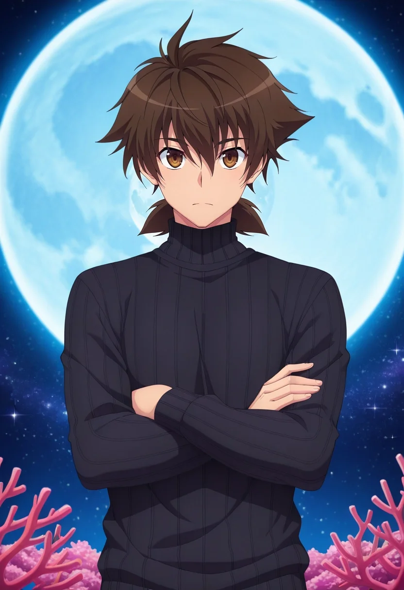 masterpiece, best quality, intricate details, anime screencap, anime coloring, official style, , 1boy, solo, male focus, <lora:issei_hyoudou_ilxl:0.96>, issei_hyoudou, brown hair, brown eyes, hair between eyes, short hair, dxd hero, symmetry, space, stars, night, full moon, crossed arms, expressionless, Coral Ruffled Quilted joggers, Geometric Tulle Rosewood Turtleneck sweater, , ,