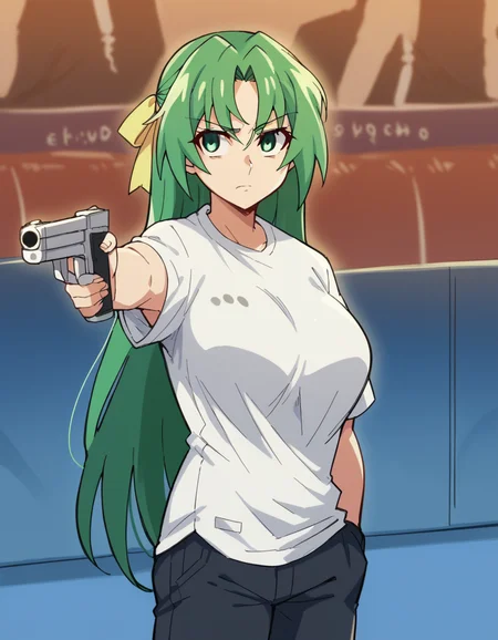 score_9, score_8_up, score_7_up, source_anime, <lora:shion-sonozaki-s4-ponyxl-lora-nochekaiser:1>, shion sonozaki, long hair, green eyes, green hair, parted bangs, hair ribbon, large breasts, <lora:yusuf-dikec-ponyxl-lora-nochekaiser:1> yusuf dikec, yusuf dikec (meme), meme, hand in pocket, handgun, holding gun, gun, shirt, t-shirt, pants, audience,, , cowboy shot,