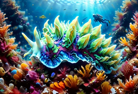 high contrast, lively colors, highest quality,masterpiece, 4K HD,vibrant colors ,wide angle, cinematic,  realistic, hyper detailed,Extremely high-resolution details, photographic, realism pushed to extreme, fine texture, incredibly lifelike,sharp, colorfull
hyperkraximalism,
a diver descends into the ocean abyss, wide angle , reefs, fish, sea slug