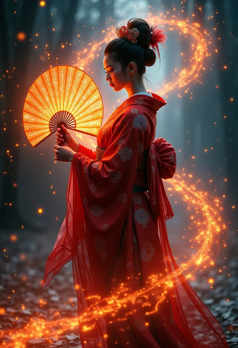 A mystical geisha surrounded by a magical aura, holding a Jedfrsw fire fan, embers float around her in a starry night setting