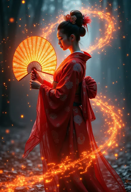 A mystical geisha surrounded by a magical aura, holding a Jedfrsw fire fan, embers float around her in a starry night setting