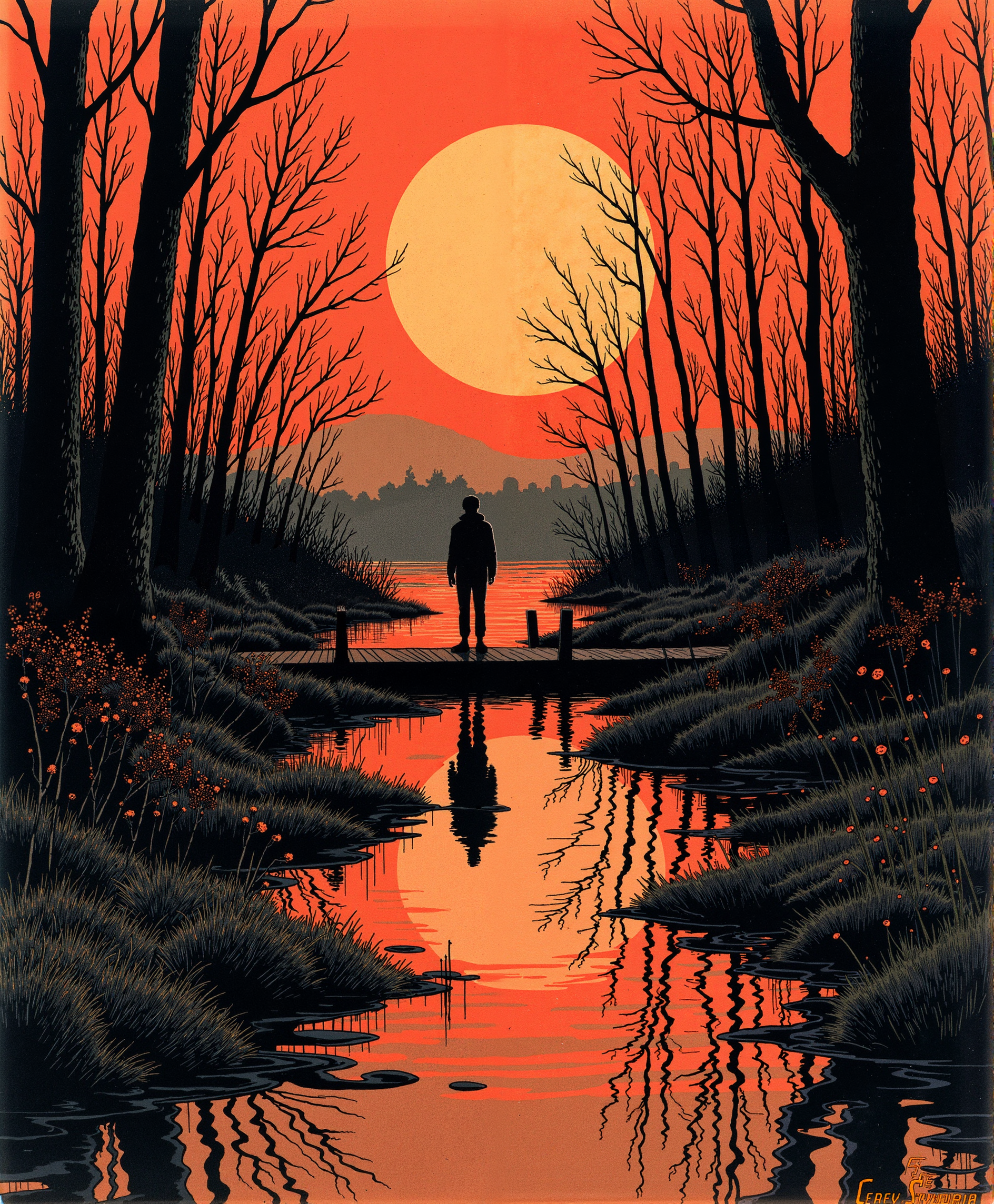 Comic book style,linquivera,Ink illustration,(anime:0.5),brown tones,aged black red paper,inkpunk,moonlight,ink stains,ink splashes,drips,surreal,a man standing on a dock in swampy wetlands,(at a distance),Will-o'-the-wisp,moonlit,lonely,solitude,windy,tall trees,willows,willowy,OverallDetail,extremely detailed,UHD,(long exposure , dystopian but extremely beautiful:1.4), in the style of umej1900