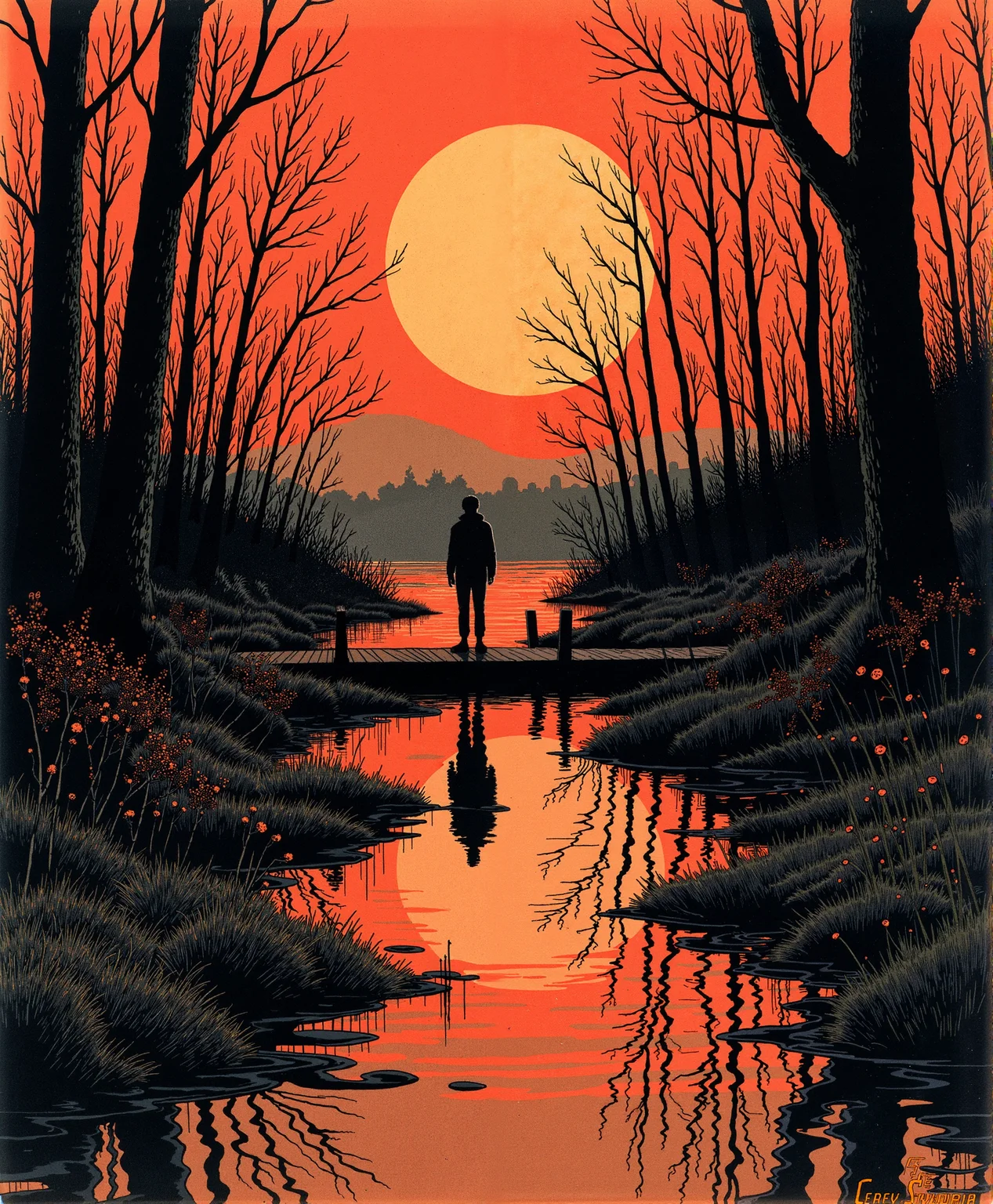 Comic book style,linquivera,Ink illustration,(anime:0.5),brown tones,aged black red paper,inkpunk,moonlight,ink stains,ink splashes,drips,surreal,a man standing on a dock in swampy wetlands,(at a distance),Will-o'-the-wisp,moonlit,lonely,solitude,windy,tall trees,willows,willowy,OverallDetail,extremely detailed,UHD,(long exposure , dystopian but extremely beautiful:1.4), in the style of umej1900
