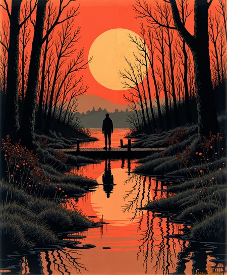 Comic book style,linquivera,Ink illustration,(anime:0.5),brown tones,aged black red paper,inkpunk,moonlight,ink stains,ink splashes,drips,surreal,a man standing on a dock in swampy wetlands,(at a distance),Will-o'-the-wisp,moonlit,lonely,solitude,windy,tall trees,willows,willowy,OverallDetail,extremely detailed,UHD,(long exposure , dystopian but extremely beautiful:1.4), in the style of umej1900