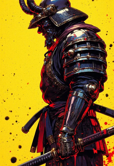 samurai clad in traditional, armor, standing in profile against a striking yellow and black background. The samurai's pose is tense and prepared, with one hand holding the hilt of a blood-streaked katana. His helmet is adorned with horns. splashes and streaks of red blood add intensity to the artwork, contrasting sharply with the background