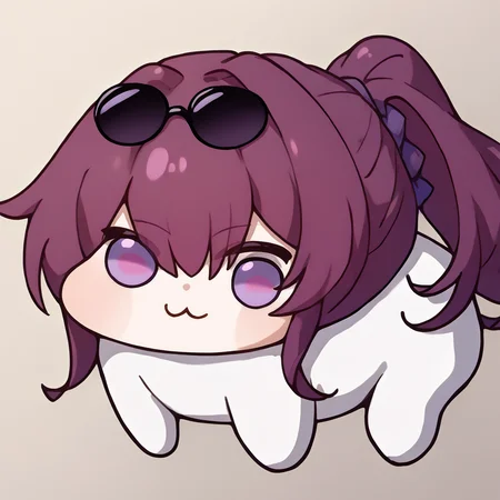 score_9, score_8_up, source_anime, 1girl, solo, KafkaDefault, purple eyes, long hair, ponytail, sidelocks, sunglasses on head, doro, creature, :3, chibi, no humans, white skin, <lora:ChamKafkaHSRPonyXL:1>, <lora:Doro_X_PDXL_V1:1>