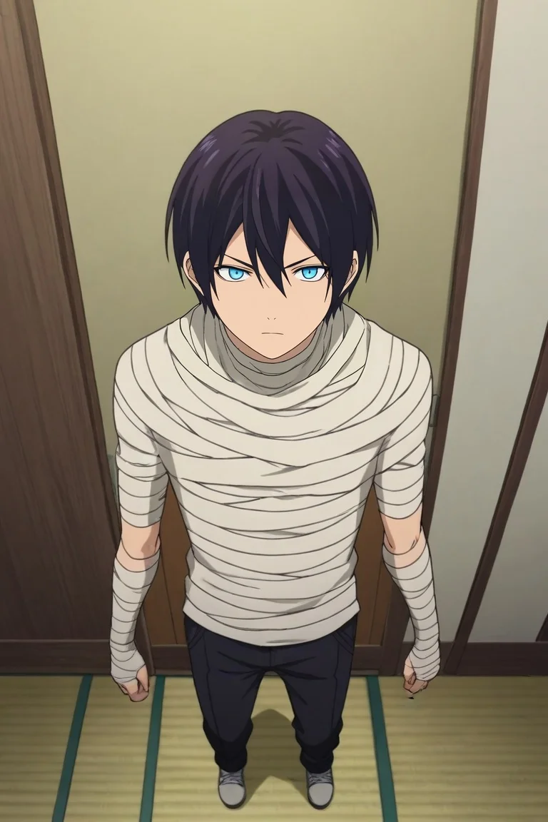 score_9, score_8_up, score_7_up, source_anime, rating_safe, intricate details, anime screencap, , official style, , , 1boy, solo, male focus, <lora:yato_noragami_pony:0.96>, yato_noragami, black hair, blue eyes, short hair, hair between eyes, , from above, full body, bedroom, computer monitor, indoors, dark, villain pose, distracted, aloof, oblivious, mummy costume, <lora:sdxl_lightning_8step_lora:1>