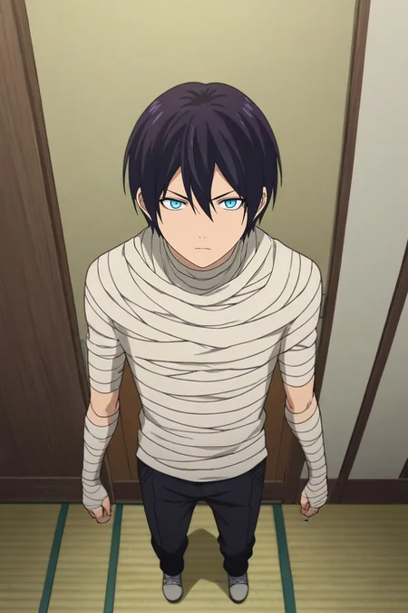 score_9, score_8_up, score_7_up, source_anime, rating_safe, intricate details, anime screencap, , official style, , , 1boy, solo, male focus, <lora:yato_noragami_pony:0.96>, yato_noragami, black hair, blue eyes, short hair, hair between eyes, , from above, full body, bedroom, computer monitor, indoors, dark, villain pose, distracted, aloof, oblivious, mummy costume, <lora:sdxl_lightning_8step_lora:1>