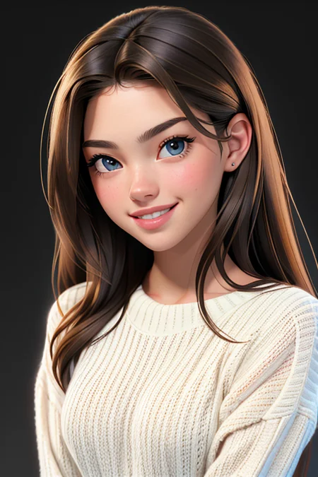 RAW photo of woman, (headshot:1.1) portrait on a black plain background, (smile, happy:1.1), sharp focus, best quality, extremely detailed). BREAK z03-001, brunette hair, blue eyes. fcHeatPortraitat