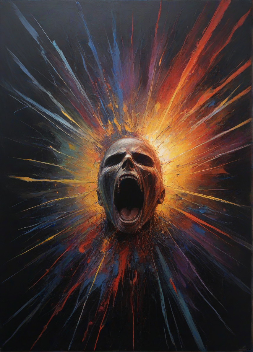 Horror-themed abstract expressionist painting Emotional and physical pain, anguish, dark, rays of light, . energetic brushwork, bold colors, abstract forms, expressive, emotional . Eerie, unsettling, dark, spooky, suspenseful, grim, highly detailed