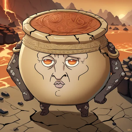 score_9, score_8_up, score_7_up BREAK source_cartoon, <lora:ifalexander:1> RythIFAlexanderPony, Alexander \(Elden Ring\), pot guy, outdoors, lava  <lora:handsomize_x_pdxl_v1:1.2> handsomize, <lora:Doro_X_PDXL_V1:0.8>  [doro, creature, ;3, chibi::0.6], standing, orange eyes, handsome, colored skin, cracked skin