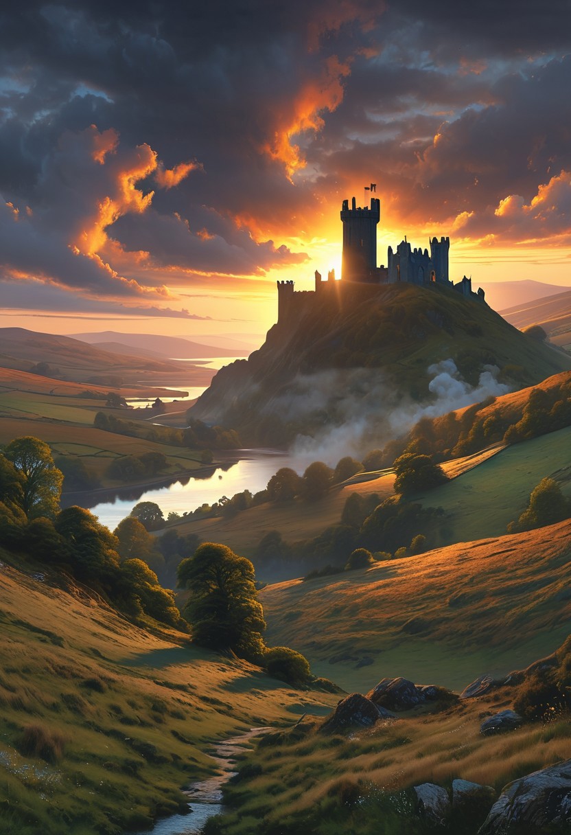 A captivating night scene illustration featuring Camelot large  hill overlooking a lake in Wales.   Camelot ancient but well maintained and updated and comfortable to live in.  Smoke rises from the chimneys.  This enchanting artwork captures a serene and peaceful early morning, where the sun is just starting to rise over the beautiful hills and Camelot  which   stands resolute amidst hills of Wales, creating a cinematic experience back to the times of King Arthur and his knights, 
 illustration, cinematic
<lora:DonM3t3rn1tyXL-v1.1:0.7>, DonM3t3rn1tyXL,
OverallDetailXL  <lora:MJ52:0.3>  <lora:SDXLFaeTastic2400:0.4>  <lora:EpicF4nta5yXL:0.7>