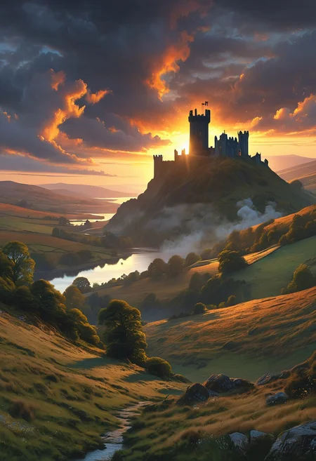 A captivating night scene illustration featuring Camelot large  hill overlooking a lake in Wales.   Camelot ancient but well maintained and updated and comfortable to live in.  Smoke rises from the chimneys.  This enchanting artwork captures a serene and peaceful early morning, where the sun is just starting to rise over the beautiful hills and Camelot  which   stands resolute amidst hills of Wales, creating a cinematic experience back to the times of King Arthur and his knights, 
 illustration, cinematic
<lora:DonM3t3rn1tyXL-v1.1:0.7>, DonM3t3rn1tyXL,
OverallDetailXL  <lora:MJ52:0.3>  <lora:SDXLFaeTastic2400:0.4>  <lora:EpicF4nta5yXL:0.7>