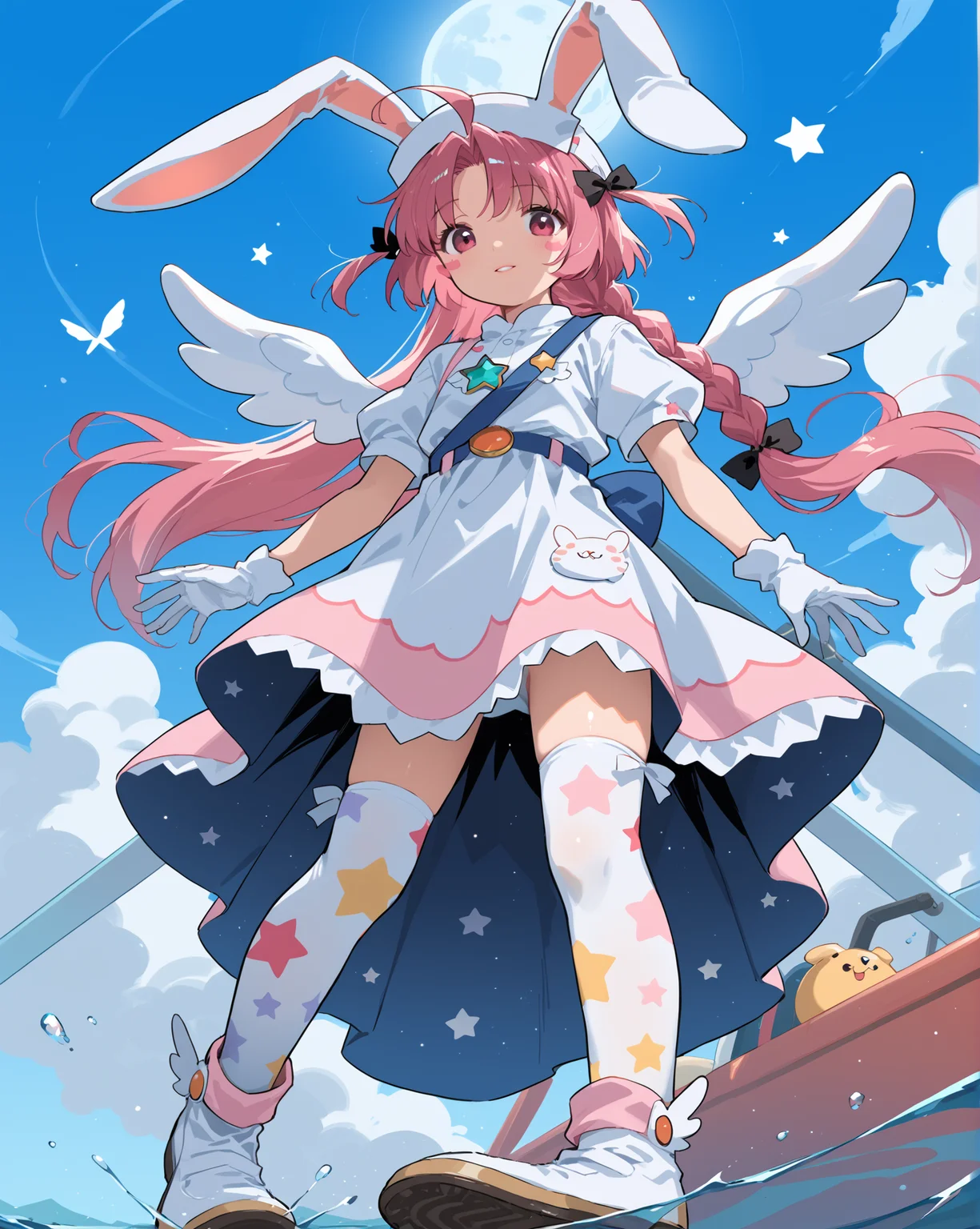 PonyScores7, source_anime, ah1, 1girl, lips, bad-hands-5, <lora:xl_more_art-full_v1:0.2>, <lora:shinyskin2:0.2> glistening skin, <lora:aesthetic_anime_v1s:0.2>, <lora:Expressive_H:0.2> Expressiveh, <lora:hairdetailpxl:0.2> hairdetailpxl, <lora:EpicF4nta5yXL:0.2>, <lora:detailxl:0.2> detailxl, <lora:Fant5yP0ny:0.2>, best quality, amazing quality, best aesthetic, absurdres, <lora:expressive eyes:0.2> expressive eyes, <lora:eyedetailpxl:0.2> eyedetailpxl, illustration, Volumetric_Lighting, ultra-detailed, very aesthetic, intricate details, 8k, masterpiece, best_quality, (Insulted), (Low angle view medium Close shot (focus on waist)), (Spooky, ghostly greenhouse), (a romantic kiss during a scenic boat ride), <lora:Eyes_High_Definition:0.3> EyesHD, looking at viewer, Stable_Yogis_PDXL_Positives, AS-Adult, <lora:nakahara_komugi_pony_v1:0.8> nakahara_komugi, pink hair,hat, animal ears, braid, pink eyes, ahoge, long hair, rabbit ears, wings, star print, jewelry, star (symbol), dress, white gloves, stickers, zettai ryouiki, print thighhighs, winged footwear,