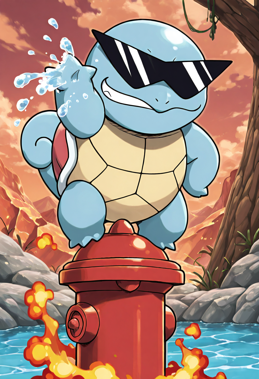 masterpiece, best quality, no humans, solo,    SquirtleSwag, sunglasses,   perched on a fire hydrant, water spraying around it in dramatic arcs as it points forward with a daring grin.  ,<lora:SquirtleSunglasses_IXL:1.0>,