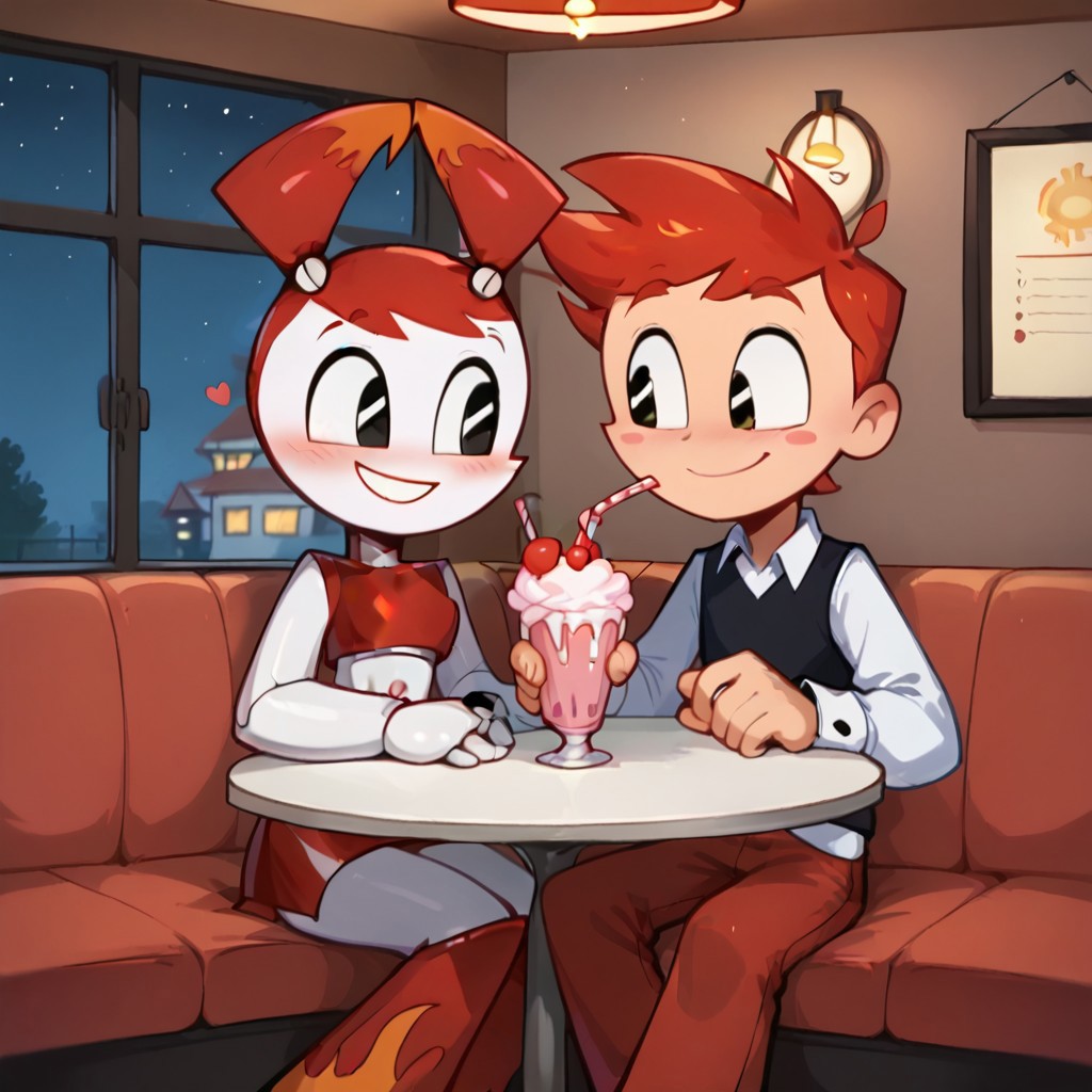 score_9, score_8_up, score_7_up, Jenny, hot rod jenny, red hair, black eyes, gray navel, orange flame accents, joints, android, ((red crop top)), red skirt, red knee boots, blush, sitting, smile, happy, holding hands, detailed background, <lora:Jenny_Wakeman_PDXL_V2:1>, BREAK, sitting at table, male, human, brad, red hair, white shirt, black vest, black eyes, pants, sharing milkshake, drinking, duo, sharing drink, glowing_lora, cafe, 50s style diner, milkshake, indoors, heart reaction, blushing, night, glowing, blush stickers, (((glowing_blush)))