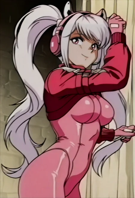 masterpiece, best quality, solo, looking at viewer, 1girl, smile, <lora:FeOVA_GLoRA-illus_Fp:1>, retro artstyle, <lora:alice-nikke-richy-v1_ixl:1>, alicedef, pink eyes, white hair, twintails, very long hair, bangs, headset, fake animal ears, animal ear headphones, shrug \(clothing\), long sleeves, medium breasts, pink bodysuit, latex bodysuit, multicolored gloves, pink gloves, white gloves,