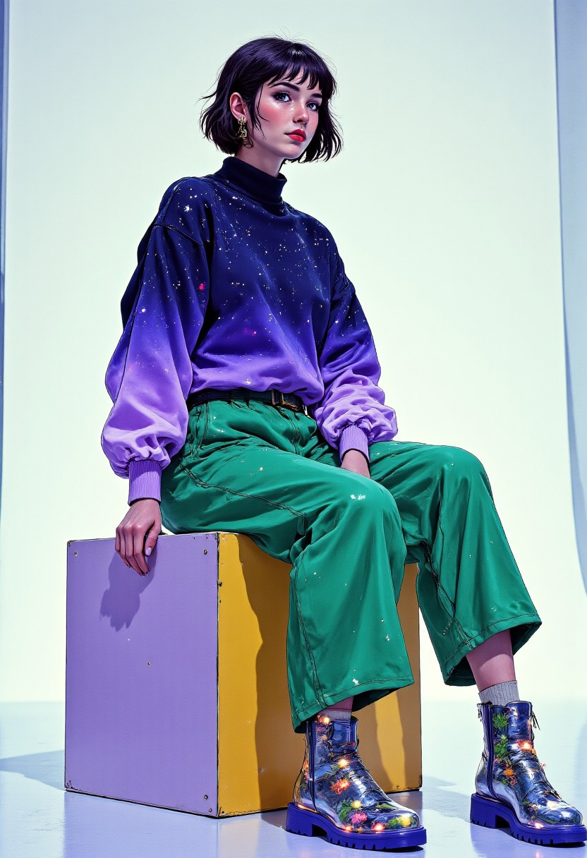 full-body portrait of a woman sitting on a geometric color-blocked chair in a minimalist white studio space. She wears an oversized sweater knitted from optical fiber threads that glow subtly from within, creating a constellation effect against the white backdrop. The sweater transitions through the color spectrum from cool blues at the shoulders to warm purples at the hem. She pairs this with wide-legged palazzo pants made from dichroic fabric that shifts dramatically between emerald green and deep purple depending on viewing angle and movement. The pants are cropped to reveal custom-made transparent vinyl boots with suspended botanical elements—pressed flowers, leaves, and small succulents—preserved between vinyl layers, creating the illusion that she's walking on a portable garden. Her socks are mismatched—one featuring an intricate circuit board pattern in metallic silver, the other embroidered with tiny LED lights that twinkle intermittently. Her hair is styled in a structured geometric bob with sections dyed to match the color transitions in her sweater, and she wears makeup featuring subtle iridescent highlights that catch the light as she moves. The composition captures her seated with perfect posture, legs crossed at the ankles to showcase her botanical boots. The lighting is clean and directional, designed to activate the glow of the optical fibers