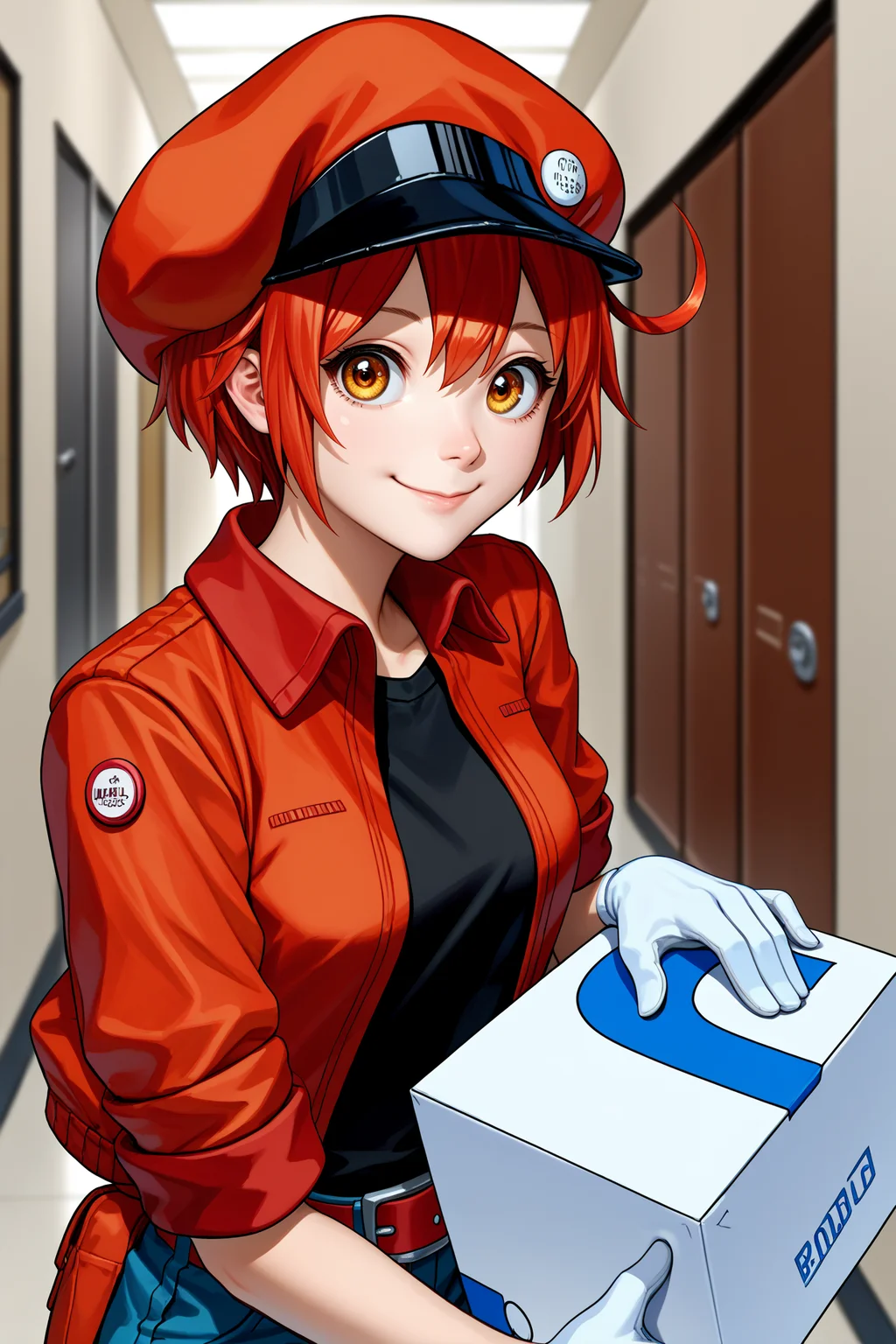 score_9, score_8_up, score_7_up, score_6_up, source_anime, 1girl, solo, <lora:ae3803-pdxl-nvwls-v1-000005:1> ae3803, red hat, cabbie hat, red hair, short hair, ahoge, amber eyes, red jacket, short sleeves, black shirt, blue shorts, red belt, white gloves, medium breasts, looking at you, happy, holding cardboard box, cardboard box, hallway, boxes, upper body, smile, closed mouth