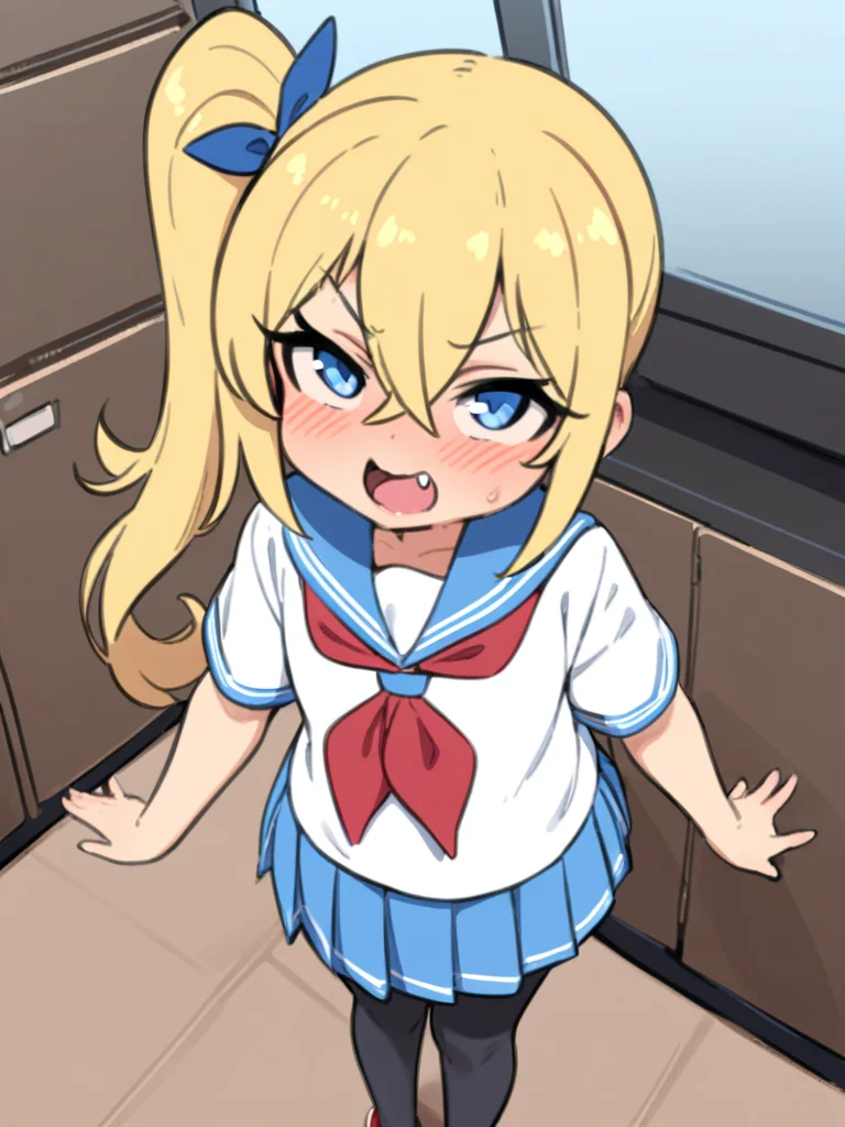masterpiece, best quality, <lora:style578-a31-000020:1>,1girl, solo, blonde hair, side ponytail, school uniform, skirt, looking at viewer, blush, long hair, pantyhose, sailor collar, sneakers, serafuku, blue sailor collar, black pantyhose, shoes, open mouth, pleated skirt, shirt, short sleeves, white shirt, blue skirt, neckerchief, bangs, full body, hair between eyes, standing, blue eyes, from above, red neckerchief, fang