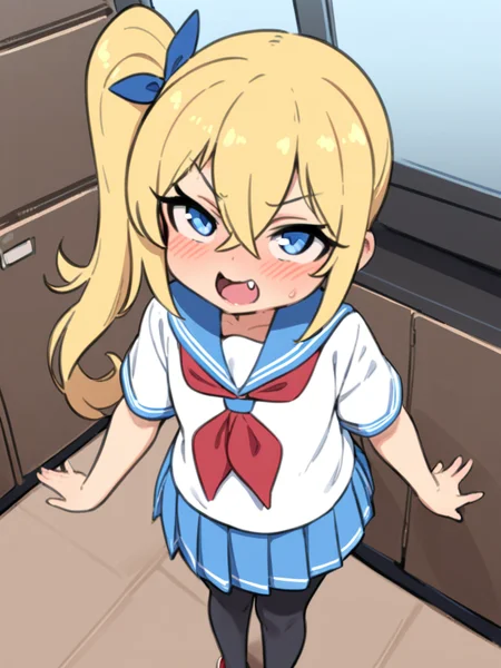 masterpiece, best quality, <lora:style578-a31-000020:1>,1girl, solo, blonde hair, side ponytail, school uniform, skirt, looking at viewer, blush, long hair, pantyhose, sailor collar, sneakers, serafuku, blue sailor collar, black pantyhose, shoes, open mouth, pleated skirt, shirt, short sleeves, white shirt, blue skirt, neckerchief, bangs, full body, hair between eyes, standing, blue eyes, from above, red neckerchief, fang