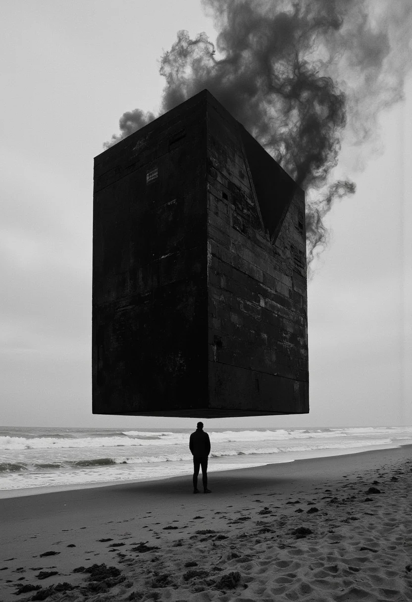 A detailed high resolution black and white cinematic photograph of man standing on the beach with a large black cube, in style of beeple, metahuman, inspired by RyA«sei Kishida, deep dark universe, nightmare anomalies, dark building, six sided, concept image, the energy is released, the cube
<lora:Exogenous:1>