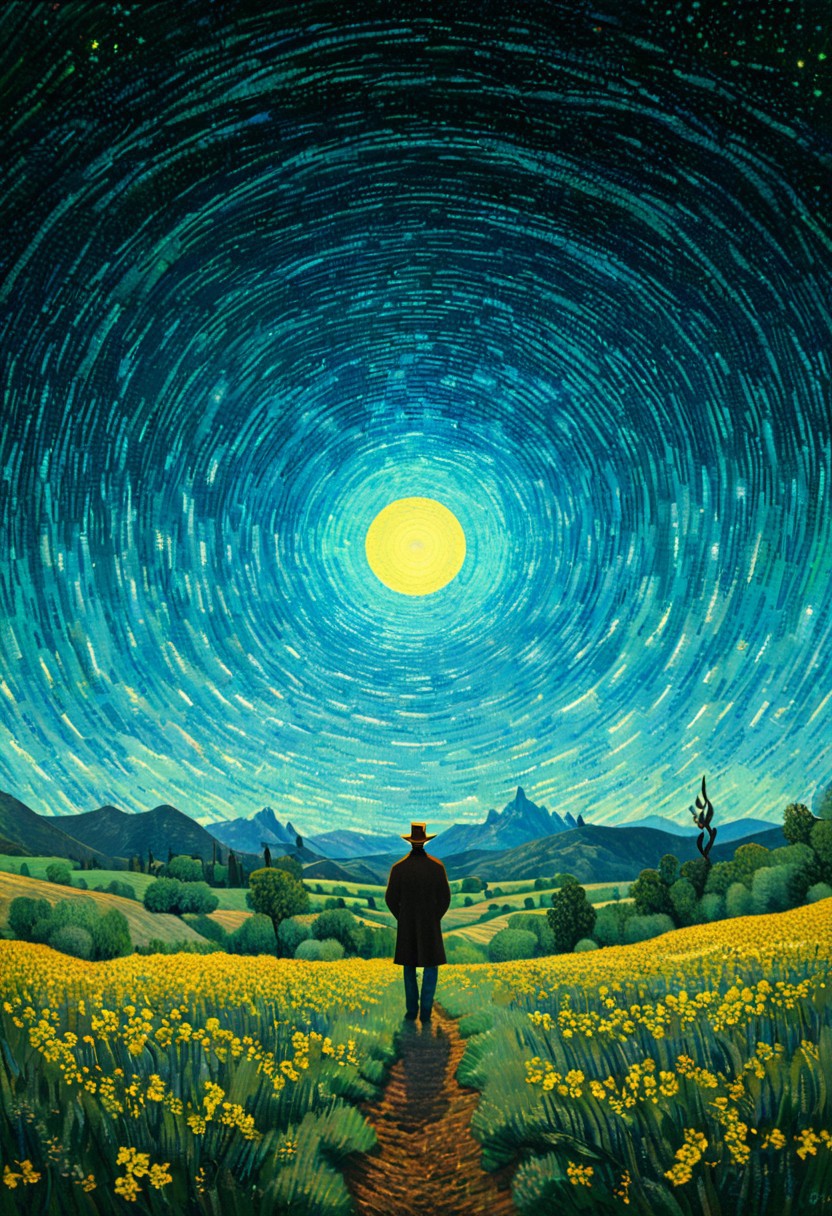A man stands in the wilderness, blue dot light spinning, Vincent van Gogh's painting style, pointillism style, magnificent landscapes, illustrations, negative space, intagliography, art, minimalism<lora:xl_more_art-full_v1:0.5>