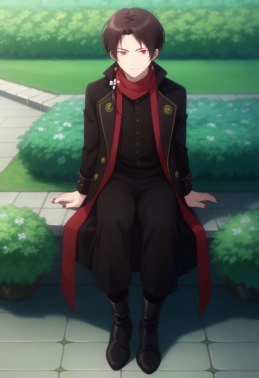 score_9, score_8_up, score_7_up, source_anime, highly detailed, 
kashuu, male focus, 1boy, red eyes, mole under mouth, high heels, ponytail,
high heel boots, scarf, boots, solo, earrings, nail polish, jewelry,  brown hair, red nails, full body, mole,
outdoor, garden, japanese, sit,
