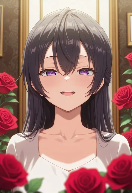 masterpiece,best quality,amazing quality,
, yuki suou, long hair, black hair, purple eyes, flower, rose, red flower, red rose, smile, depth of field, looking at viewer, open mouth, hair between eyes, collarbone, 1girl, solo