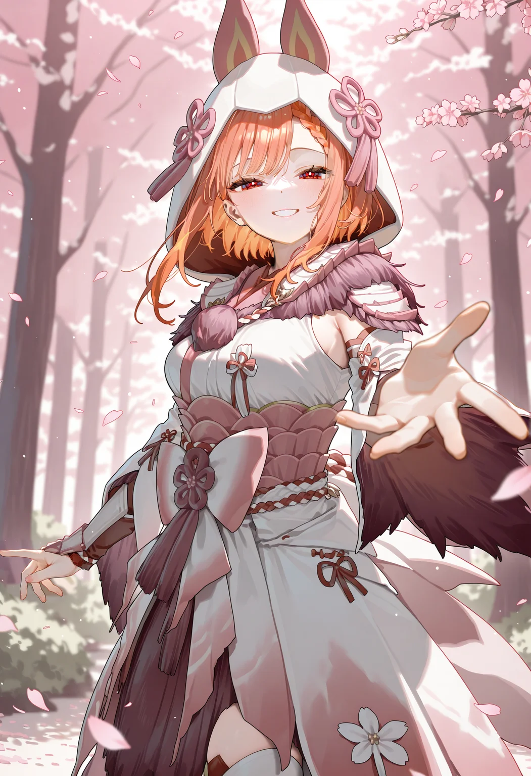 1girl, ningen mame, (parsley:0.8), pov, facing to the side, reaching towards viewer, outstretched hand, detailed background, forest, cherry blossoms, falling petals, red eyes, orange hair, braided bangs, sidelocks, medium breasts, mizutsune armor, white detached sleeves, white wataboushi, white kimono, white thighhighs, zettai ryouiki, light blush, looking at viewer, grin, half-closed eyes, pov adoring, masterpiece, best quality, newest, absurdres, highres, very awa, <lora:illustrious/character/Mizutsune Armor illuXL v1.safetensors:1.0>,